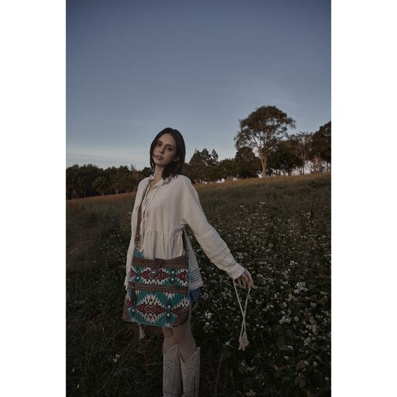 Myra Bag Handmade Tribe Shoulder Bag Upcycled Canvas & Cowhide Leather - Picture 14 of 14